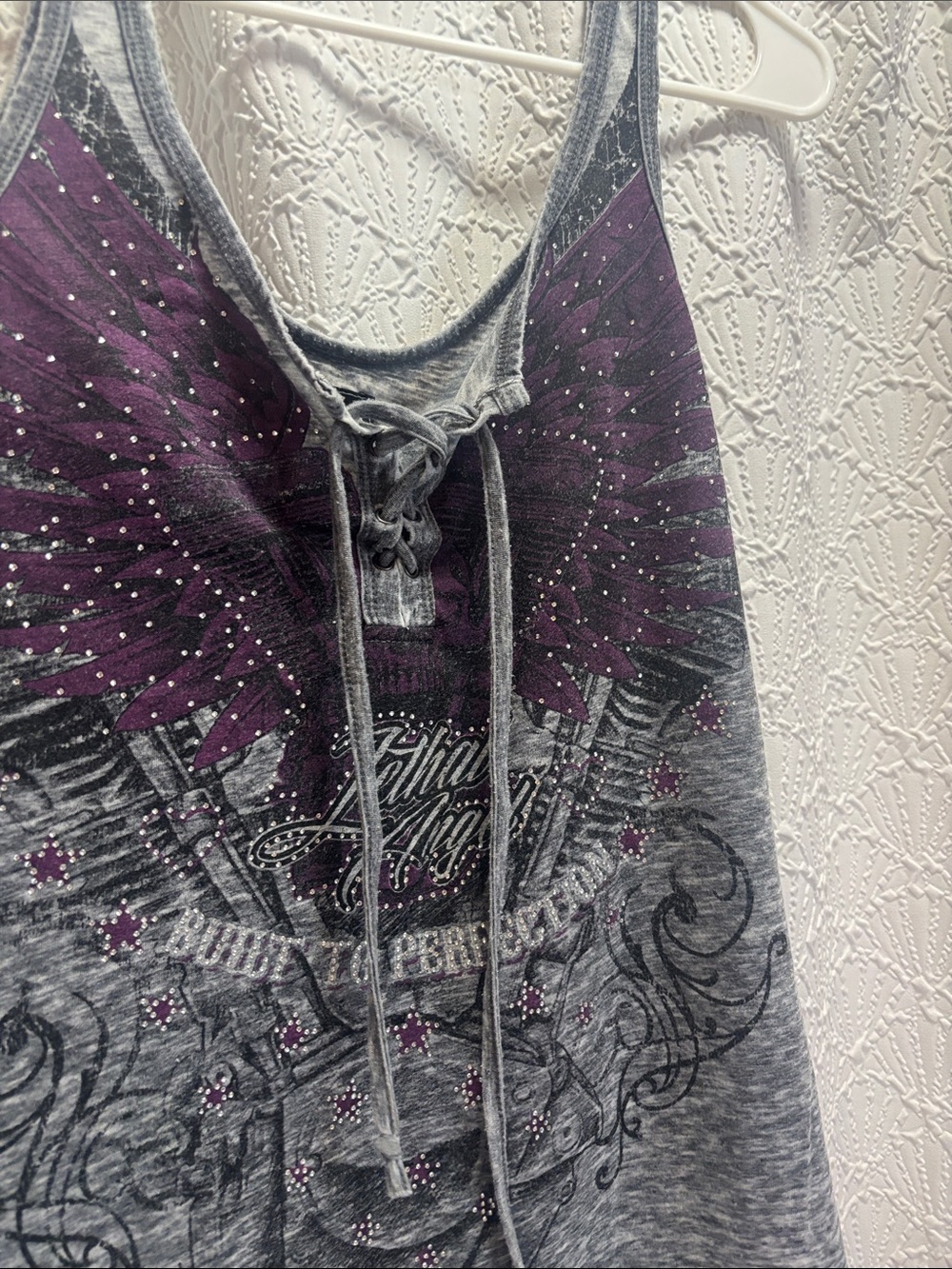 Womenâs Gray Lace-Up Tank Top with Purple Graphic